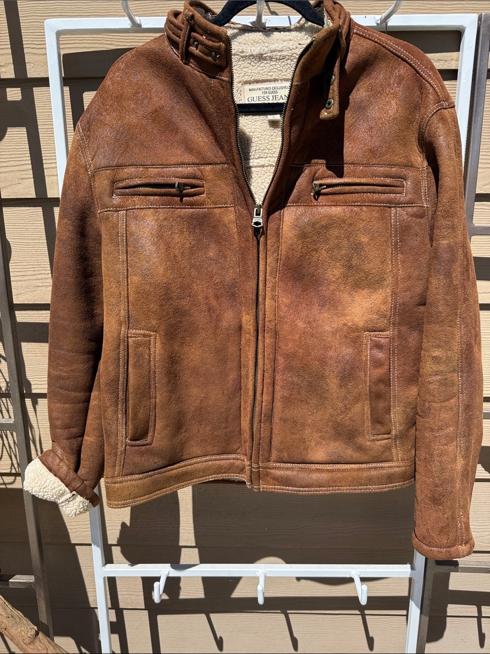 Guess Y2K New Unisex Brown Faux Suede Bomber Jacket with Shearling/ pockets "L" - Picture 9 of 17